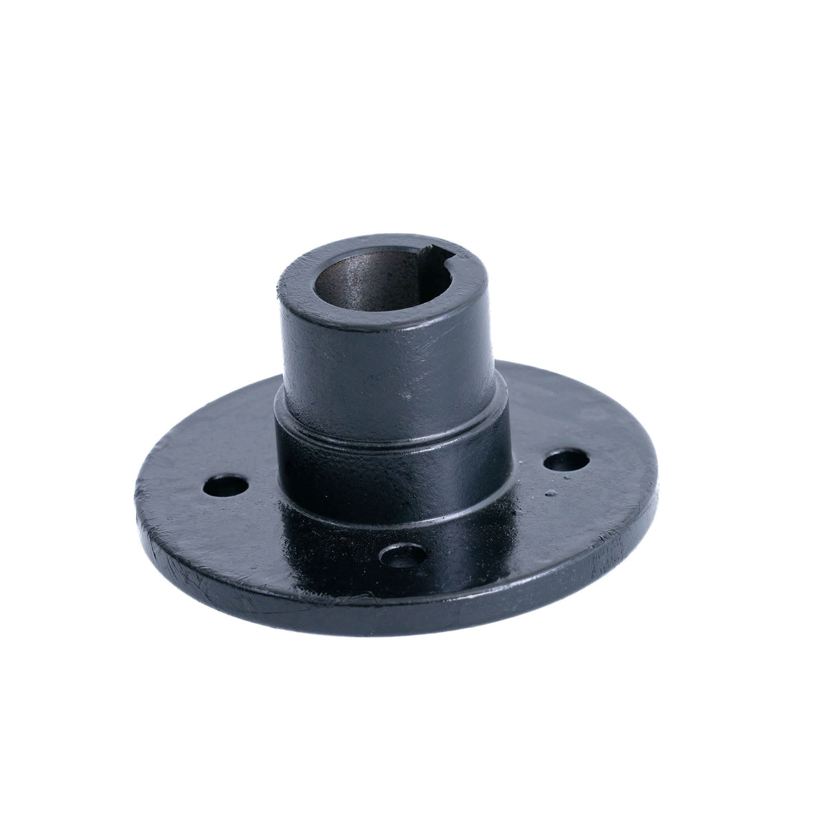 Rear Hub for Shoprider Sprinter XL4 Deluxe, a black metal cylinder with a central hole, designed to mount scooter wheel assembly rims to the transaxle assembly using four hex head bolts (not included).
