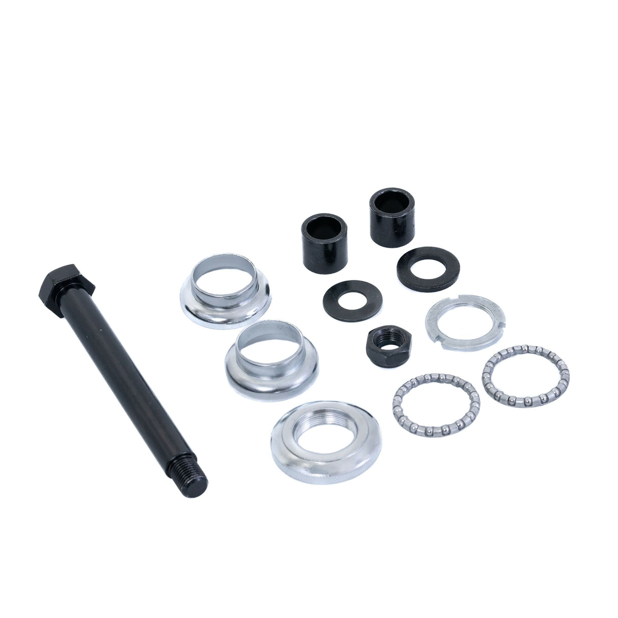 Front Fork for the Pride Mobility 3-Wheel Victory 10 (SC610) Scooter, featuring a close-up of the black metal fork assembly with visible bolts, nuts, and cylindrical components, essential for stability and safety.