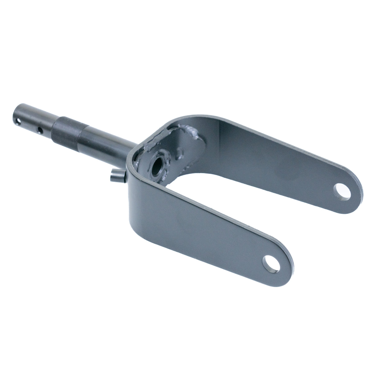 Front Fork for the Pride Mobility 3-Wheel Victory 10 (SC610) Scooter, a black metal fork assembly with holes and a bolt, headset bearings, bearing races, washers, and spacers, essential for safe riding.