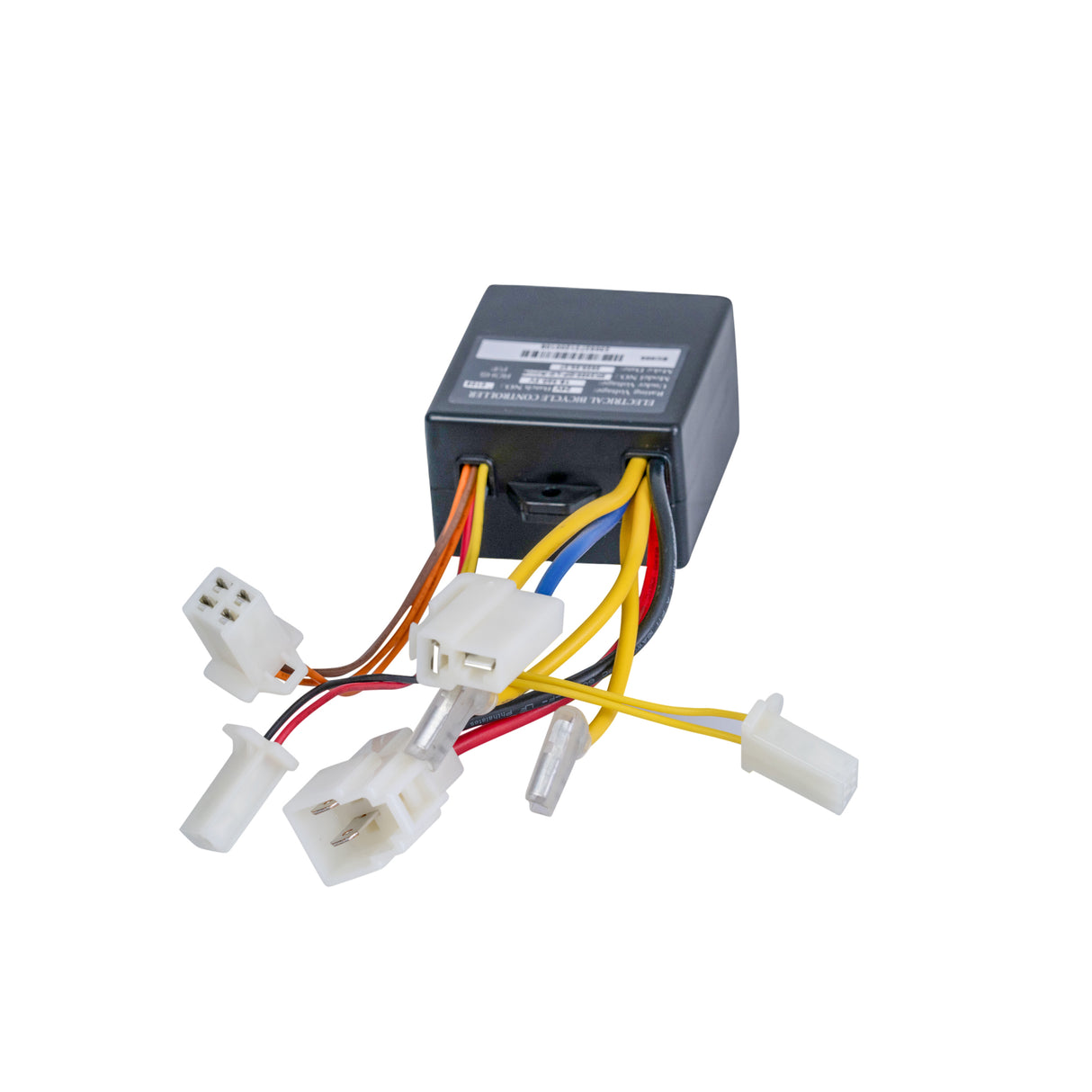 ZK2400-DP-LED Control Module with 4-Wire Throttle Connector for the Razor E100 Glow (All versions), featuring a close-up of a black box with colorful wires and connectors.