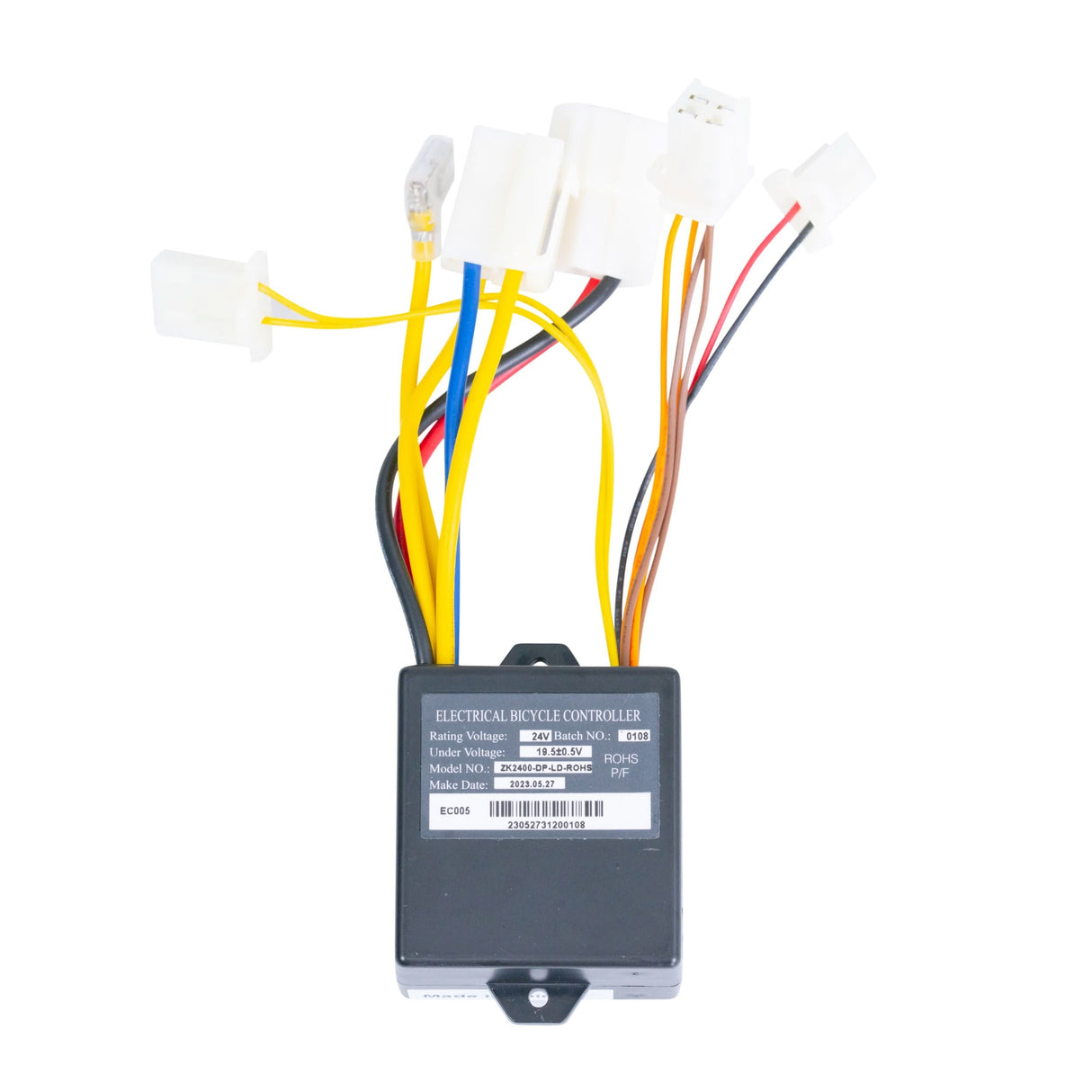 ZK2400-DP-LED Control Module with 4-Wire Throttle Connector for the Razor E100 Glow, featuring a black box with colorful wires and a label, crucial for scooter functionality and easy replacement.