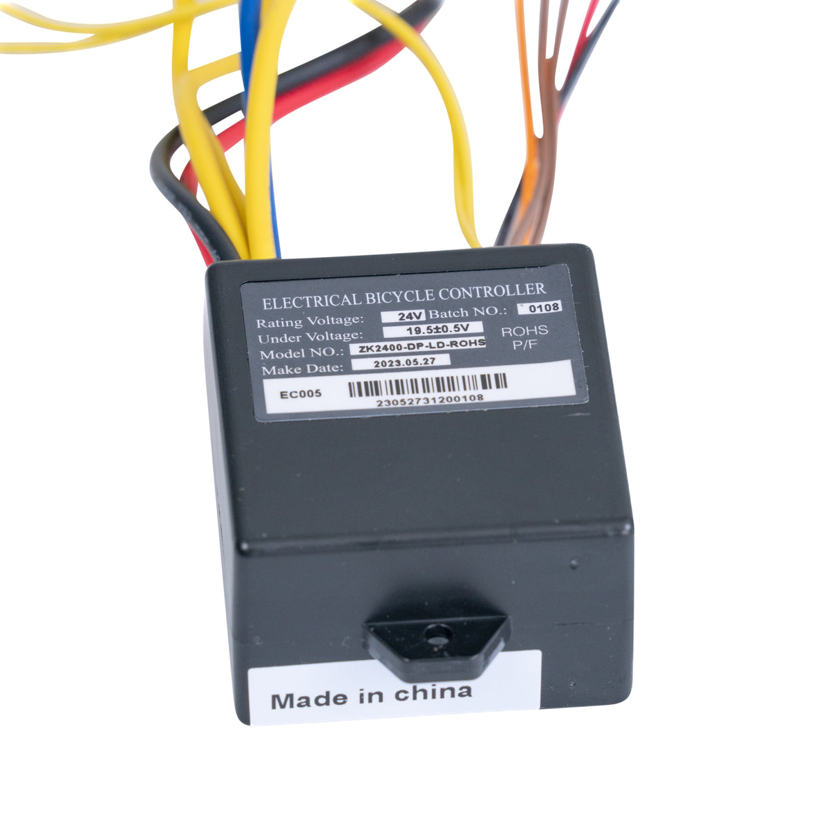 ZK2400-DP-LED Control Module with 4-Wire Throttle Connector for the Razor E100 Glow, featuring a black box, colorful wires, and a label with a barcode.