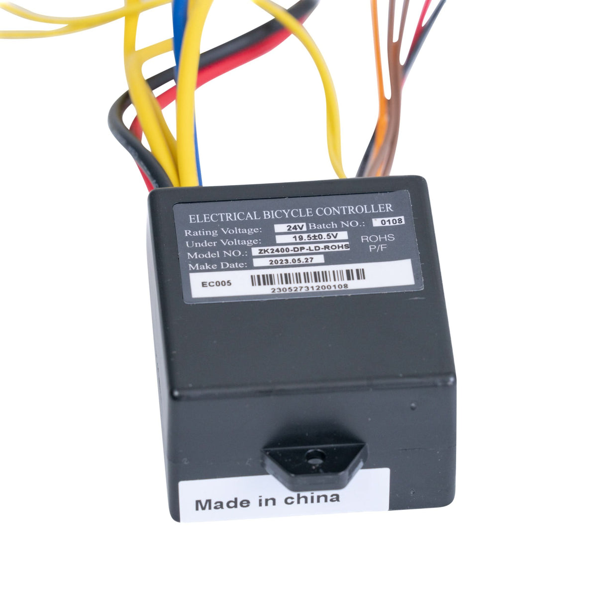 ZK2400-DP-LED Control Module with 4-Wire Throttle Connector for the Razor E100 Glow, featuring a black box, colorful wires, and a label with a barcode.