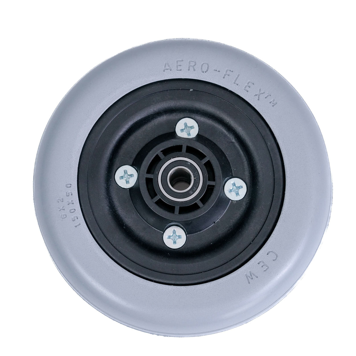 6x2 AeroFlex Caster Wheel Assembly with 2-Rib Tread for Invacare Power Chairs with 2-Sided Forks, featuring a solid urethane tire, pre-installed caster wheel bearings, and visible screws.