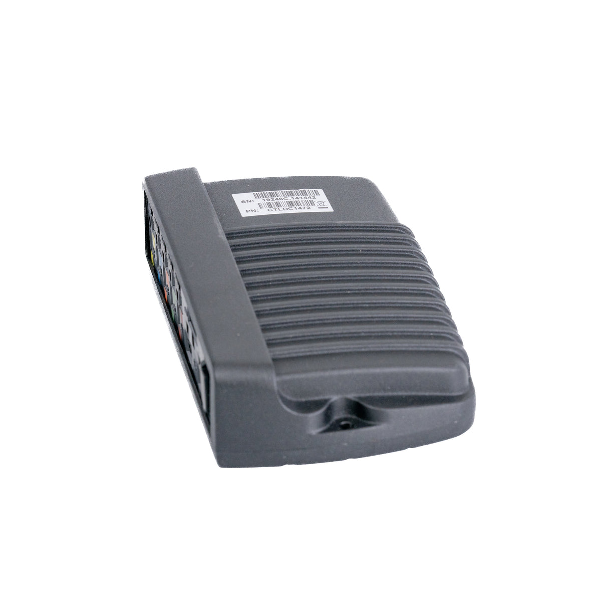 Actuator Control Module for Quantum Power Chairs with Tru-Balance 2 Power Tilt & Recline & Tru-Balance 3 Seating, showing a close-up of the black electronic device with a white label and barcode.