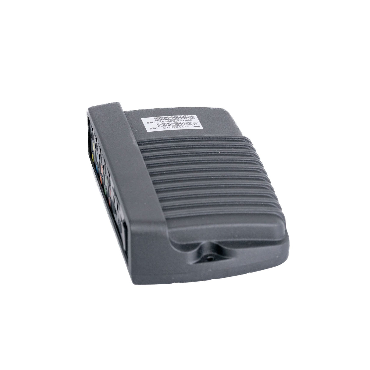 Actuator Control Module for Quantum Power Chairs with Tru-Balance 2 Power Tilt & Recline & Tru-Balance 3 Seating, showing a close-up of the black electronic device with a white label and barcode.