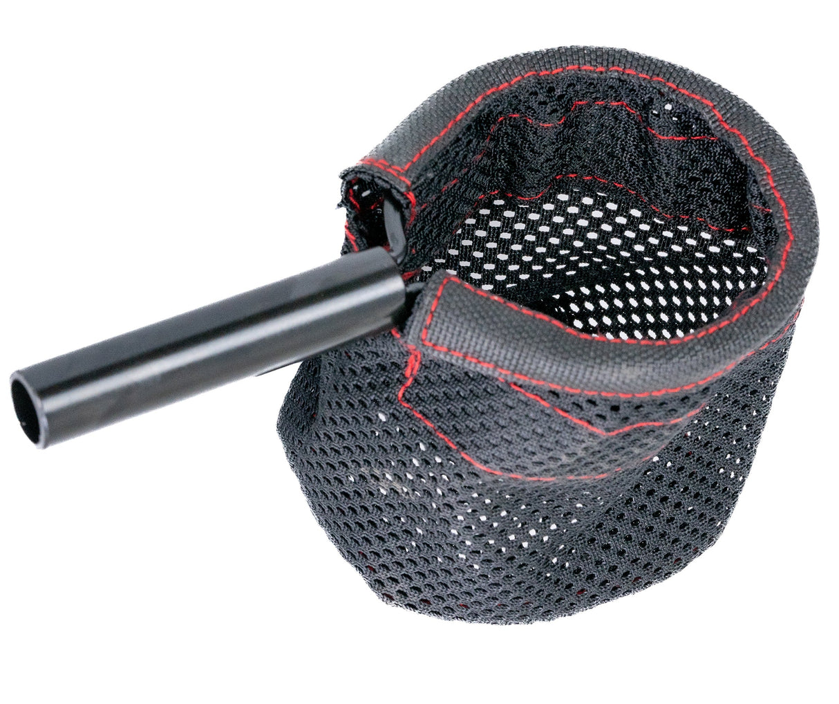 Cup Holder for the Jazzy Passport Power Chair, featuring a sturdy black net with a handle, designed to attach to the left armrest, securely holding various cup sizes and bottles.