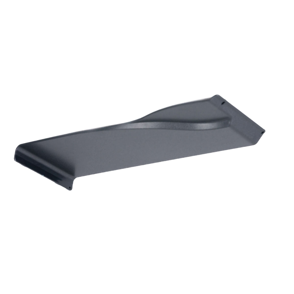 Right Full Length Fixed Height Clothing Guard for Invacare Tracer & 9000 Series Wheelchairs, black metal object with curved edges, designed to mount under armrest pads, providing protection for rider and clothing.