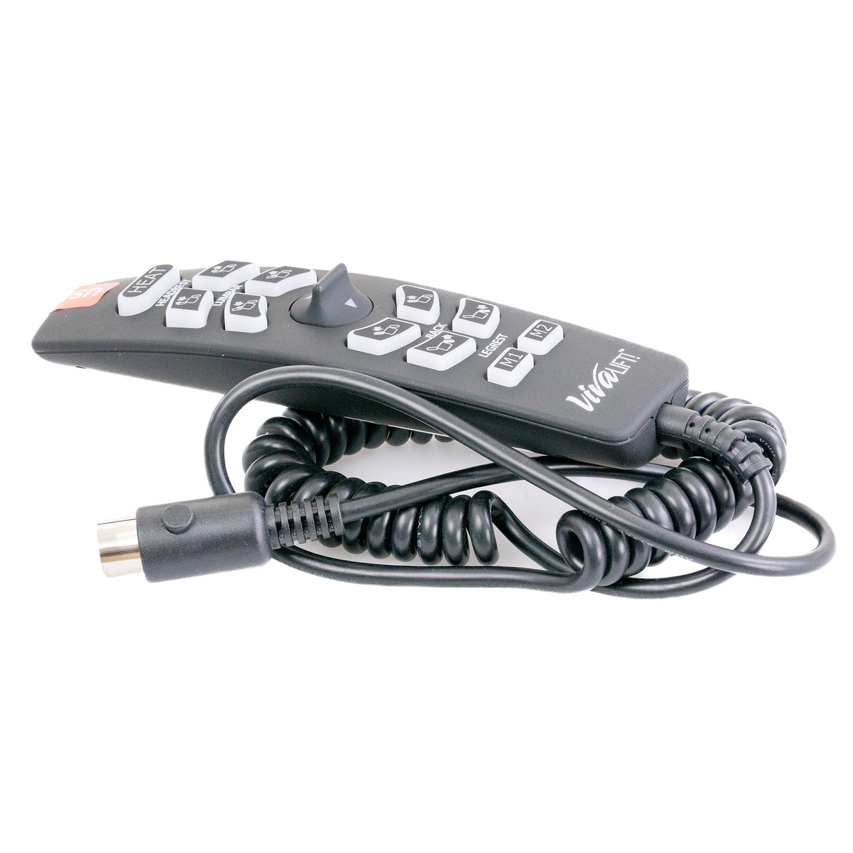 12-Button Hand Control for Pride Radiance Series Lift Chairs, featuring a cord, circular 5-pin connector, and USB port on the front.