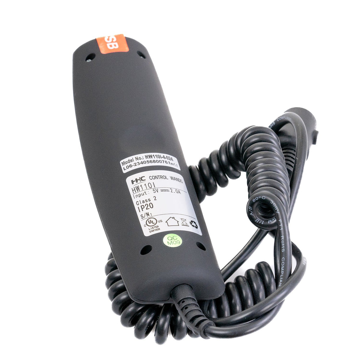 12-Button Hand Control for Pride Radiance Series Lift Chairs, featuring a black corded telephone receiver design, circular 5-pin connector, and a front USB port.