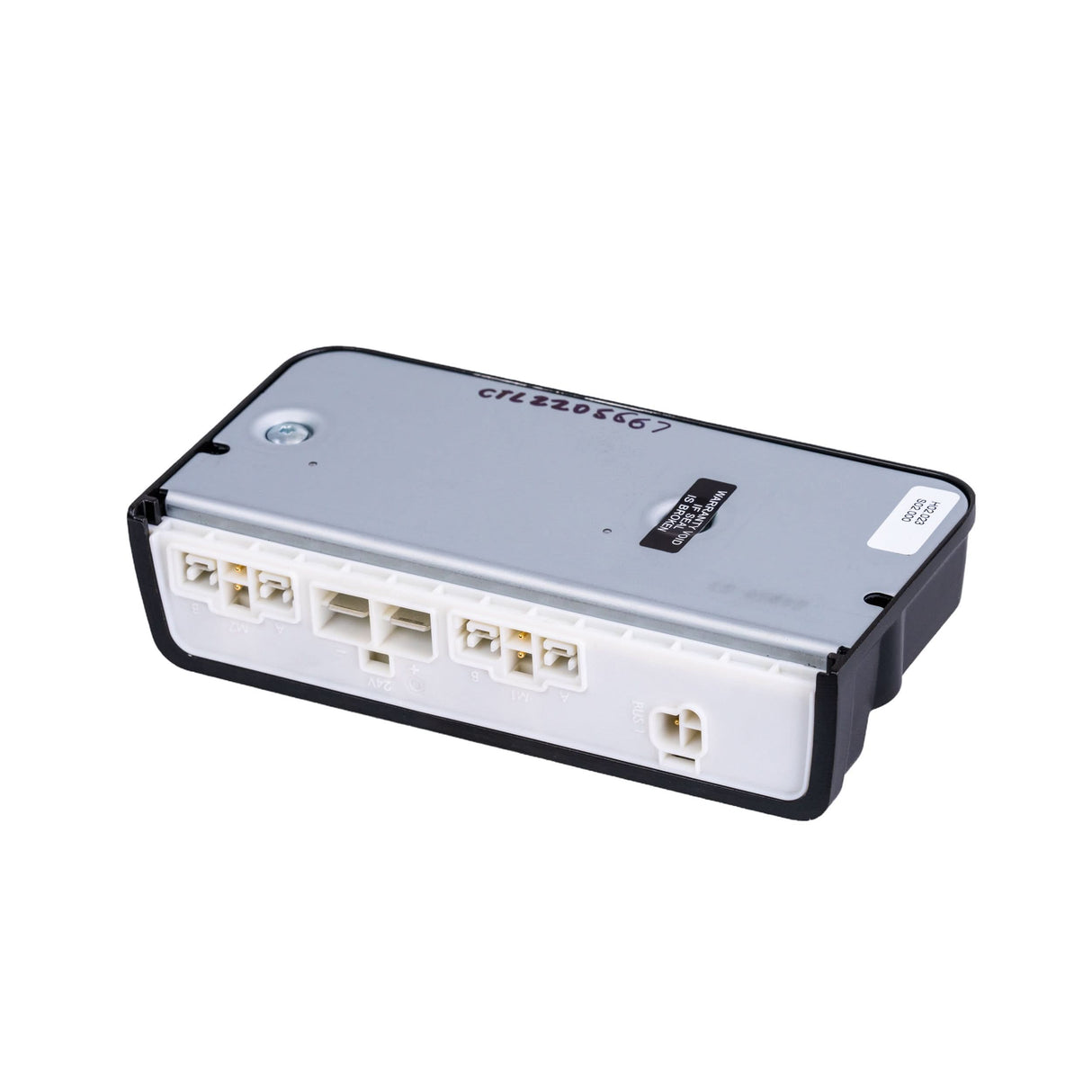 Close-up of the 50 Amp LiNX Controller for the Jazzy 600 ES, showing four connection ports for joystick bus cable, left and right motor cables, and power cable, with visible white labels and connectors.