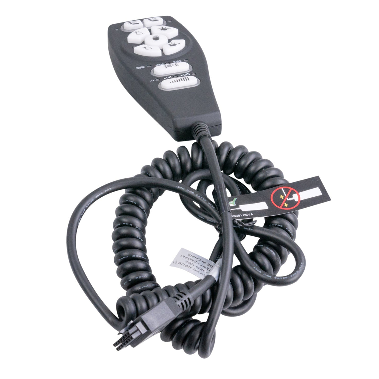 Hand Control with Heat and Massage for the Mega Motion NM6100, featuring nine buttons, a coiled cord, a 14-pin connector, and indicator lights, designed for chair adjustments and massage settings.