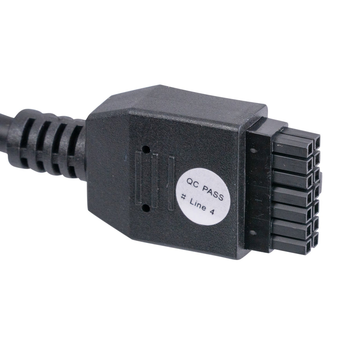 Hand Control with Heat and Massage for the Mega Motion NM6100, featuring a black cable with a white label, close-up of the 14-pin connector, and coiled cord for cord management.