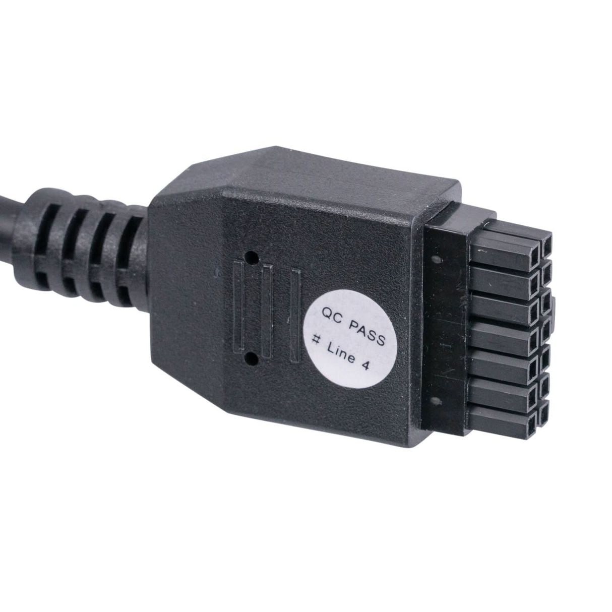 Hand Control with Heat and Massage for the Mega Motion NM6100, featuring a black cable with a white label, close-up of the 14-pin connector, and coiled cord for cord management.