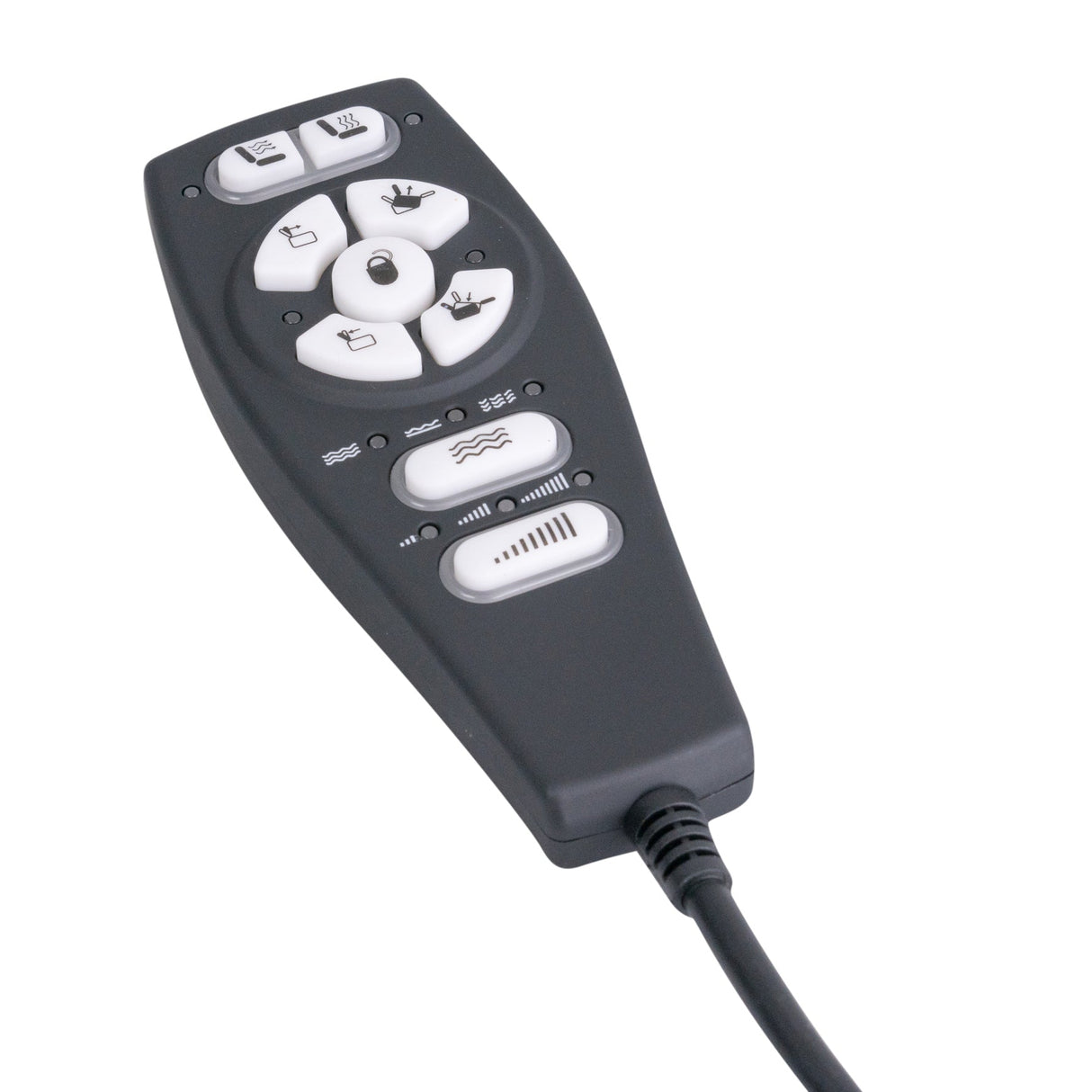 Hand Control with Heat and Massage for the Mega Motion NM6100, featuring 9 buttons, indicator lights, coiled cord, and 14-pin connector, designed for chair lift, heat, and massage functions.