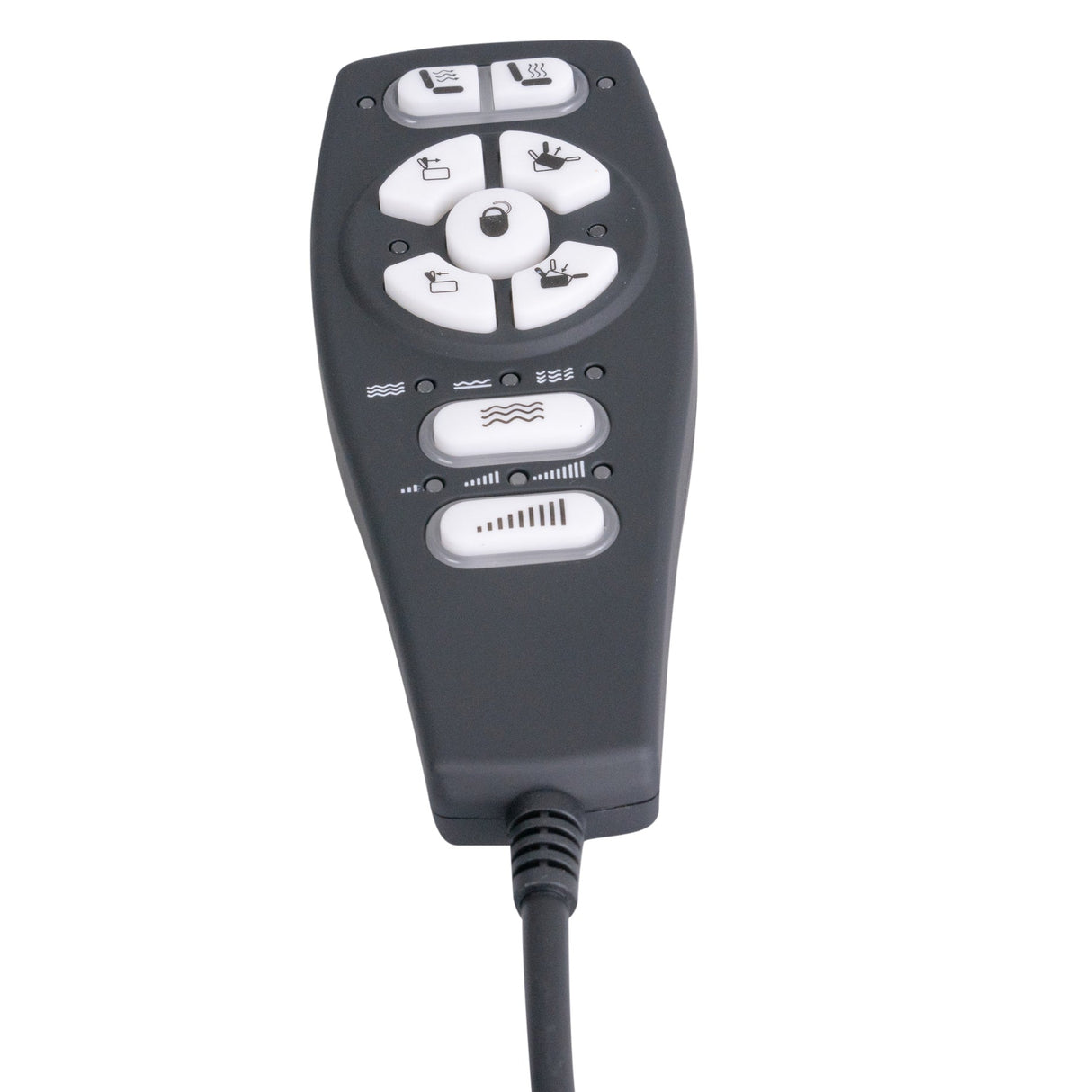 Hand Control with Heat and Massage for the Mega Motion NM6100, featuring nine buttons, a 14-pin connector, a coiled cord, and indicator lights, designed for adjusting chair heat, lift, and massage functions.