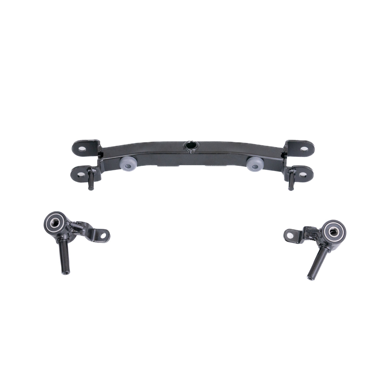 Front Axle Assembly for Jazzy Zero Turn & Pride Zero Turn 8 Mobility Scooters, featuring a metal frame with screws, black metal components with holes, and black and silver wheels.