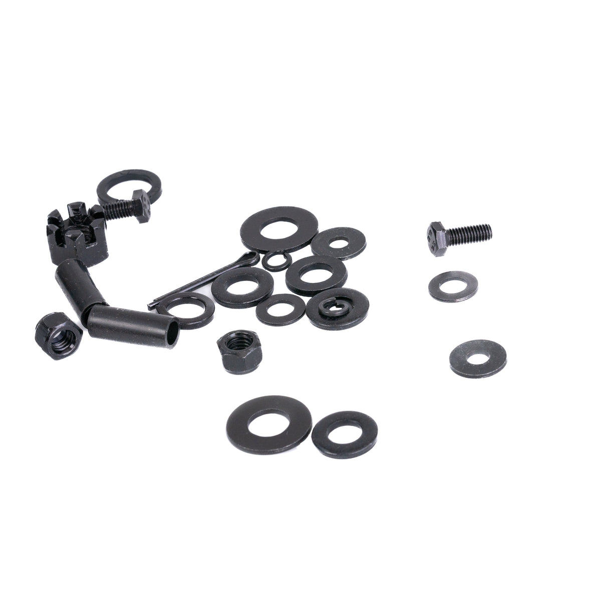 Close-up of the Front Axle Assembly for Jazzy Zero Turn & Pride Zero Turn 8 Mobility Scooters, featuring bolts, tie rods, and necessary hardware for replacement.