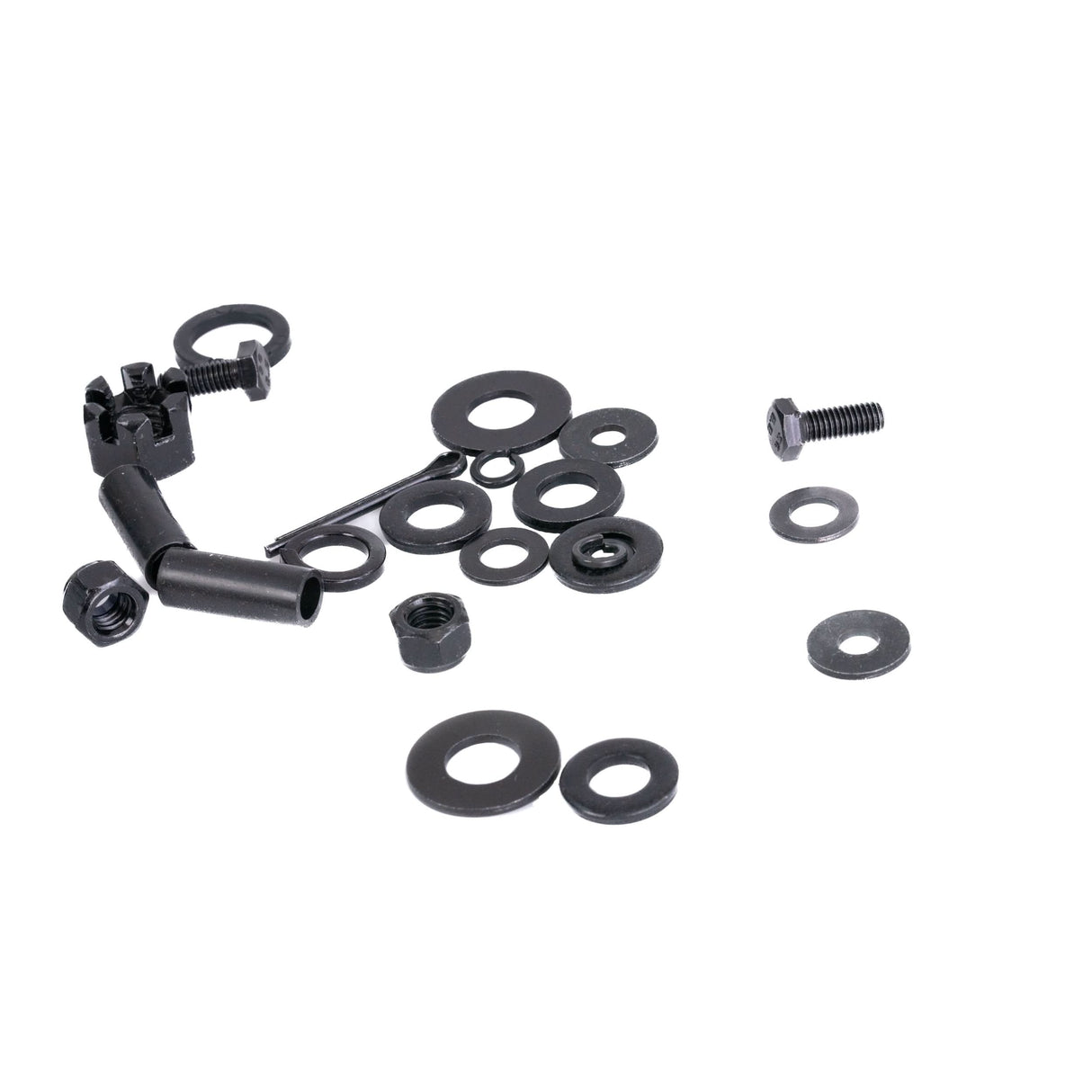 Close-up of the Front Axle Assembly for Jazzy Zero Turn & Pride Zero Turn 8 Mobility Scooters, featuring bolts, tie rods, and necessary hardware for replacement.