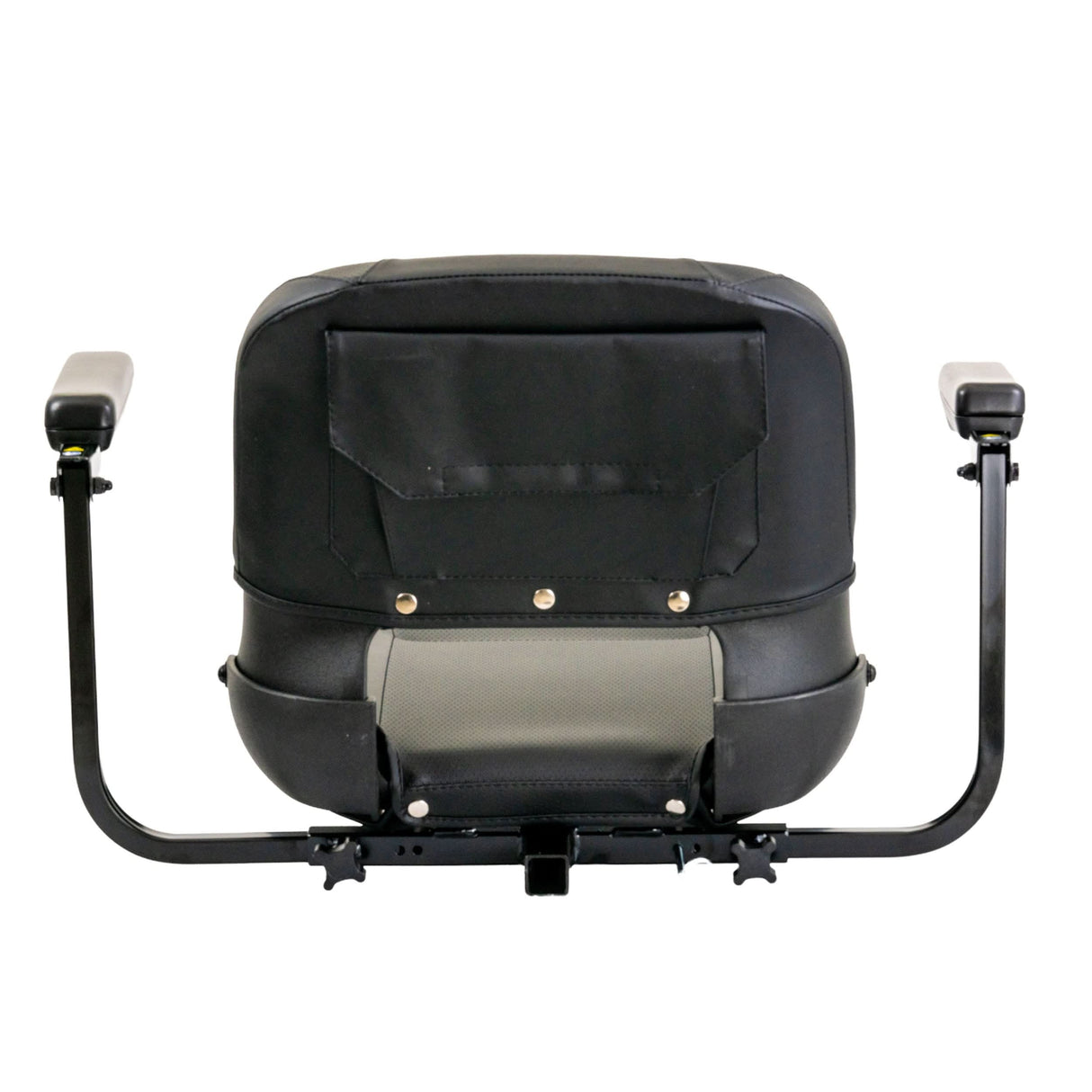 Back view of the 17 Seat Assembly with Armrests for the Jazzy Zero Turn (ZT) mobility scooter, showcasing black vinyl seat covers and steel base plate with elevation lever.