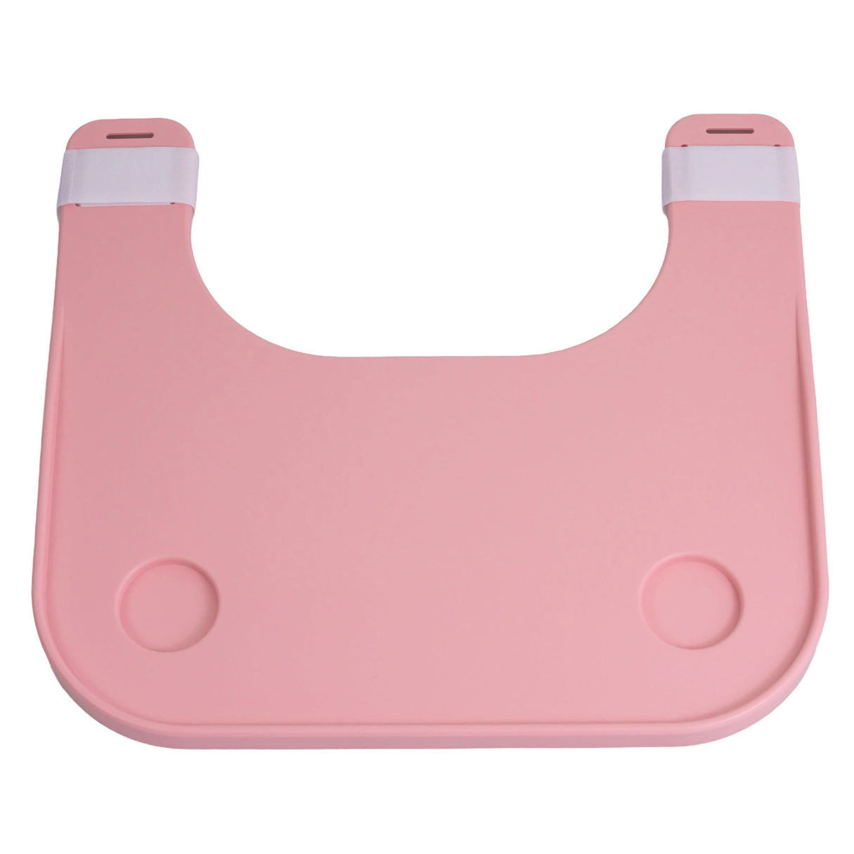 Plastic Tray Table for Wheelchairs: A durable pink plastic bib with two holes, designed for easy attachment to wheelchair armrests, providing a sturdy surface for various activities with a built-in cup holder.