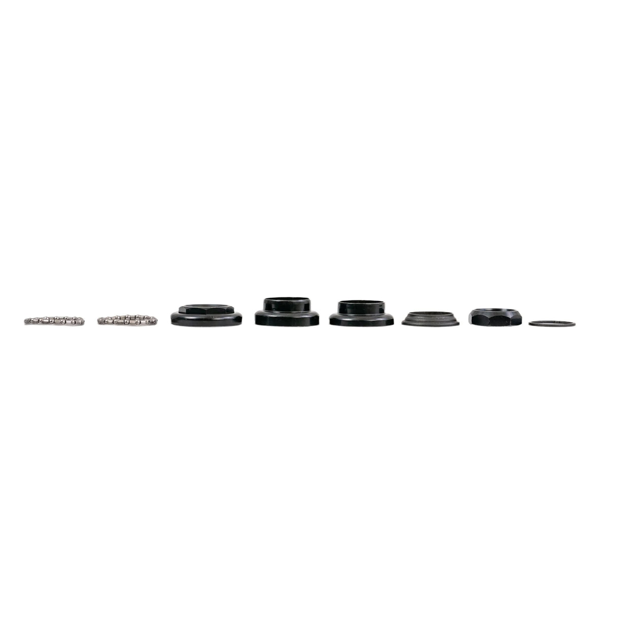 Tiller Bearing Set for ActiveCare & Drive Medical Pilot, Prowler, & Spitfire Scooters, & Titan Power Chairs. Close-up of black cylindrical and round components arranged in a row.