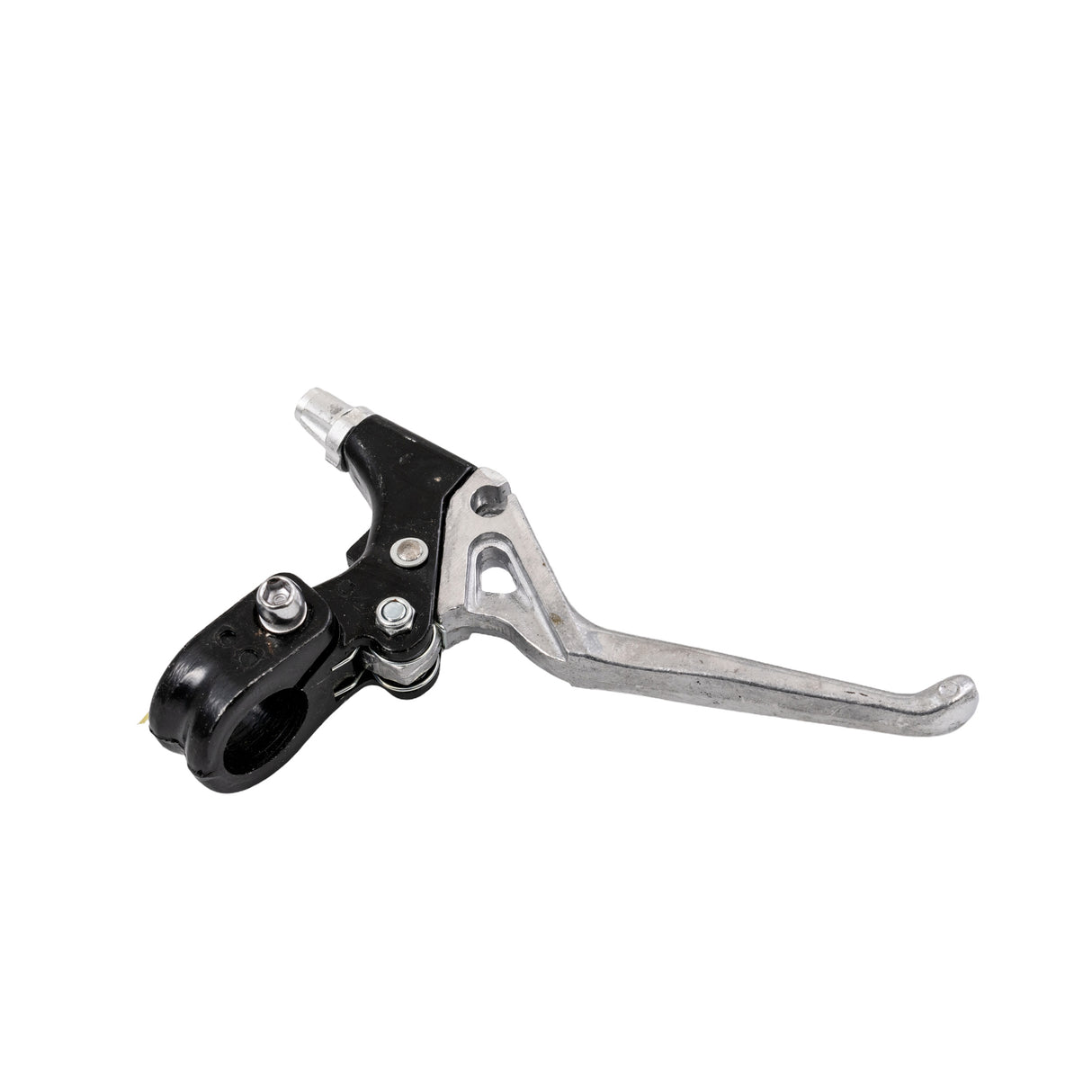 Clutch Lever for 48cc - 80cc 2-Stroke Bicycle Engine Kits mounted on a handlebar, showing a close-up of the black and silver lever mechanism and attached nut.