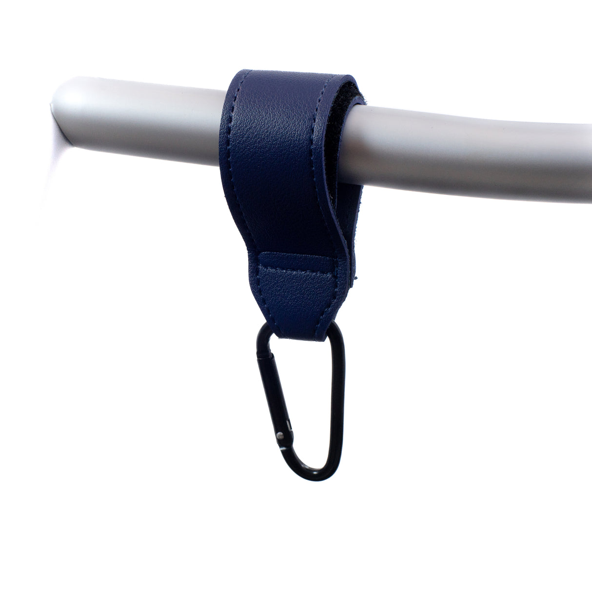 Blue Leather Clip Organizer for Wheelchairs, Walkers, & Rollators (Set of 2) featuring a blue leather strap attached to a metal bar with a 60 mm carabiner for carrying essential items.