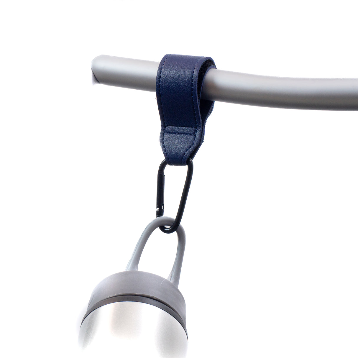 Blue Leather Clip Organizer for Wheelchairs, Walkers, & Rollators (Set of 2) featuring a close-up of the blue leather strap with hook & loop fastening and a sturdy metal carabiner.