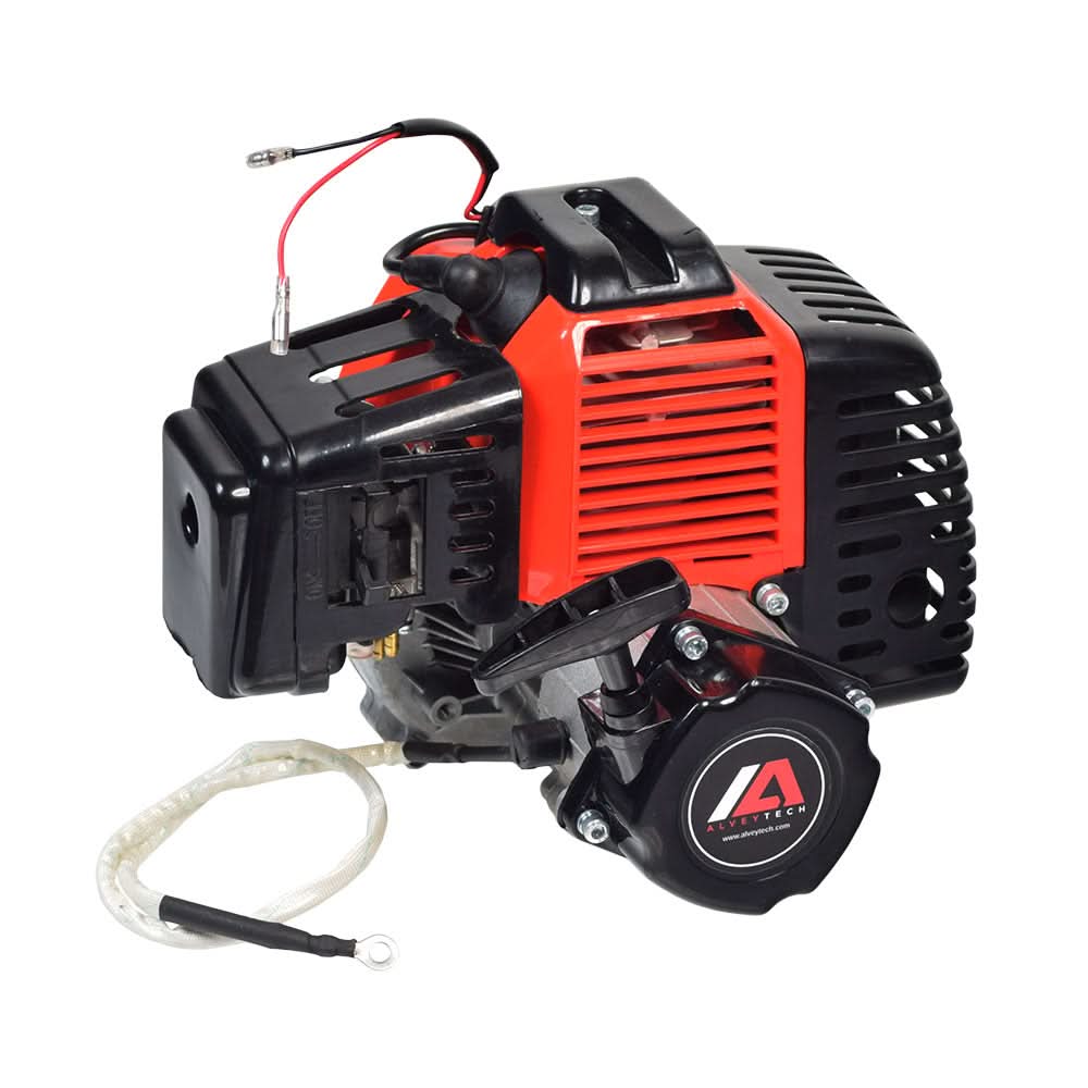 49cc/52cc Scooter Engine with Electric Start (Blemished) shown with attached gear reduction transmission, muffler, air filter, clutch pad assembly, and carburetor, highlighting the complete engine setup.