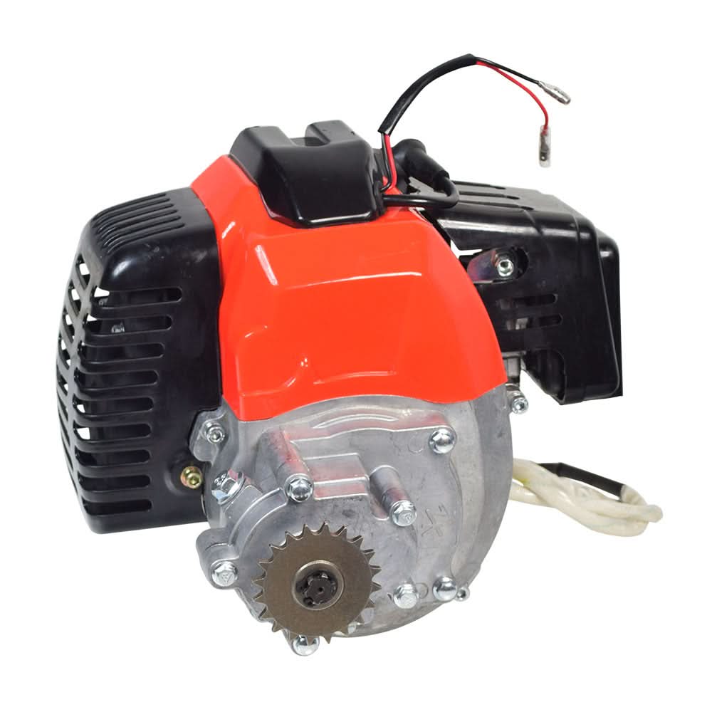 49cc/52cc Scooter Engine with Electric Start (Blemished), featuring a gear reduction transmission, electric starter, muffler, air filter, and clutch pad assembly visible in a close-up view.