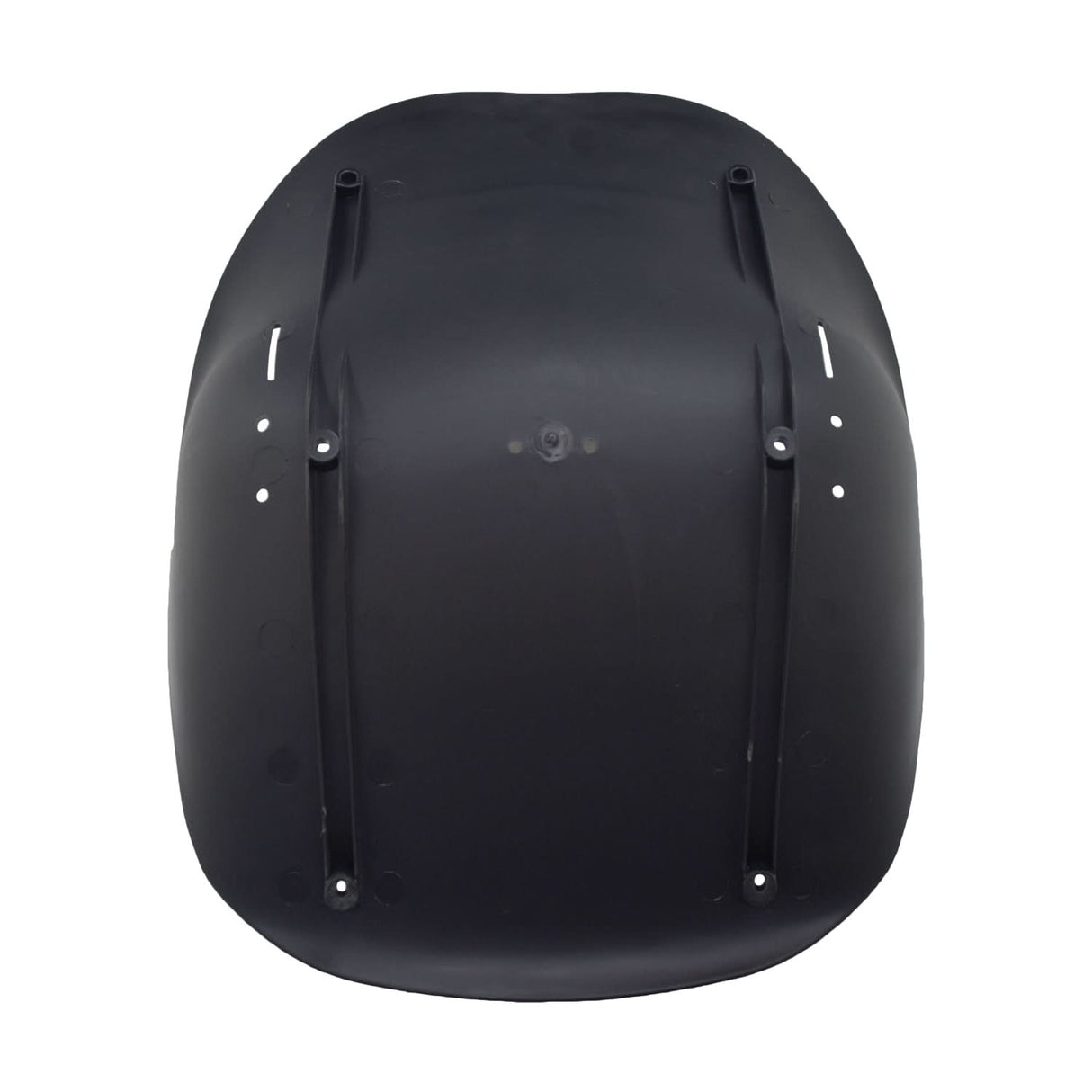 Black Plastic Seat for Go-Karts & Drift Trikes, featuring a durable molded design, four mounting holes, six rear drain holes, and two slits for a safety lap belt.