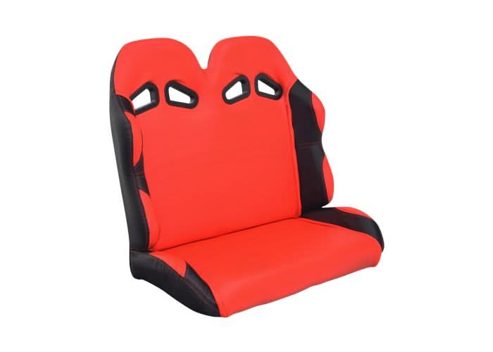Red 25-1/2 Double Seat for Go-Karts (Blemished) featuring a red and black design with a minor glue separation at the head of the seat, suitable for various go-kart models.