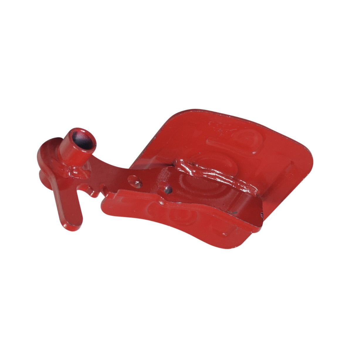 Red Brake Pedal for Coleman CK100 & SK100 Go-Karts: A red metal pedal with a handle and a central hole, designed for braking, featuring minor scuffs and scratches that do not affect functionality.