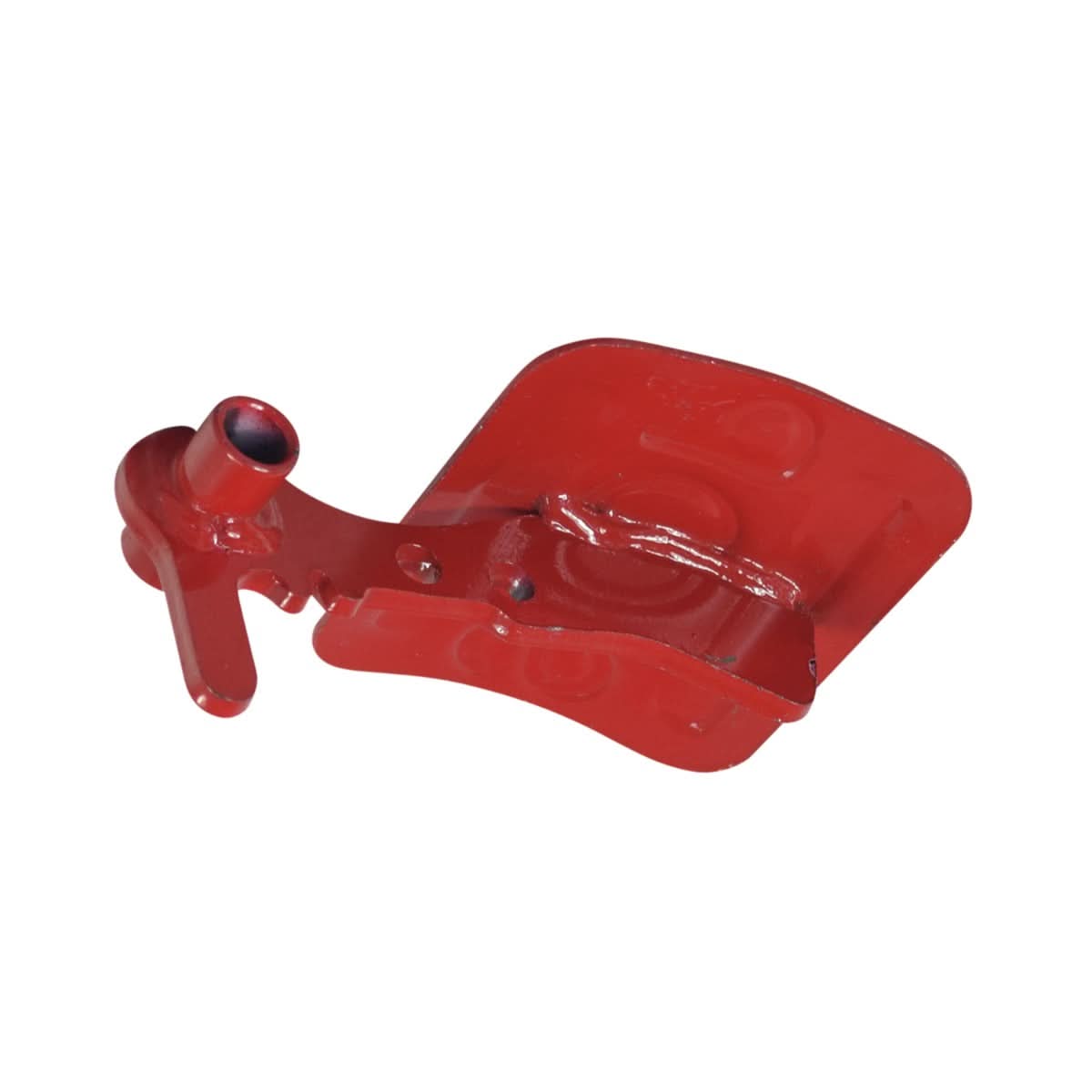 Red Brake Pedal for Coleman CK100 & SK100 Go-Karts: A red metal pedal with a handle and a central hole, designed for braking, featuring minor scuffs and scratches that do not affect functionality.