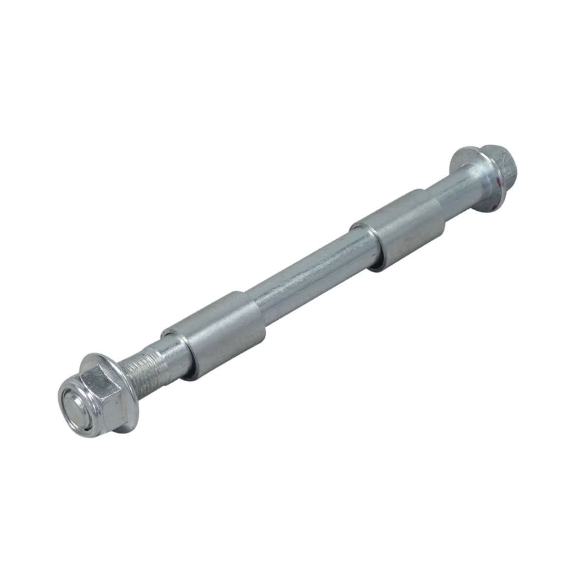 Front Axle for the Fit Right DB003 40cc 4-Stroke Mini Bike, showing a strong steel threaded carriage bolt rod with M12x1.25 flange nut and spacers, ensuring secure front wheel assembly.