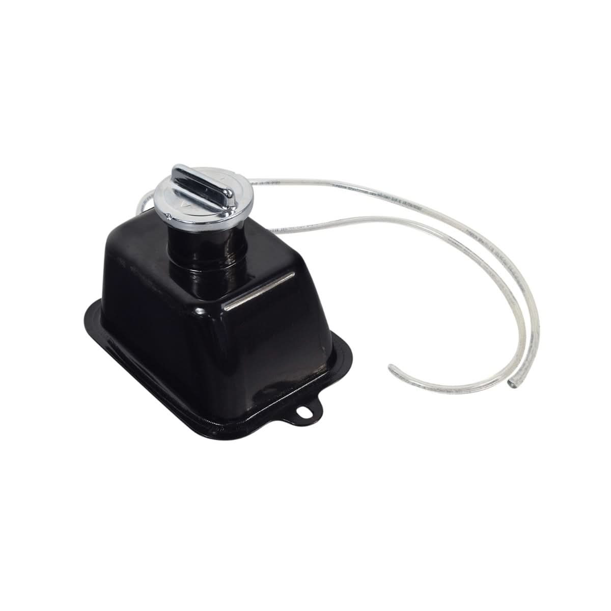Fuel Tank for the Fit Right DB003 40cc 4-Stroke Mini Bike, a black metal container with a silver cap and attached wire, ideal for 0.32 gallon capacity custom builds and replacements.