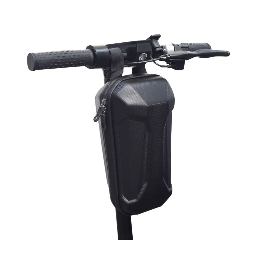 Front Handlebar Case for Hover-1 Electric Scooters attached to a handlebar, showcasing its hardshell design, zipper closure, and secure mounting straps, ideal for carrying essentials while scooting.