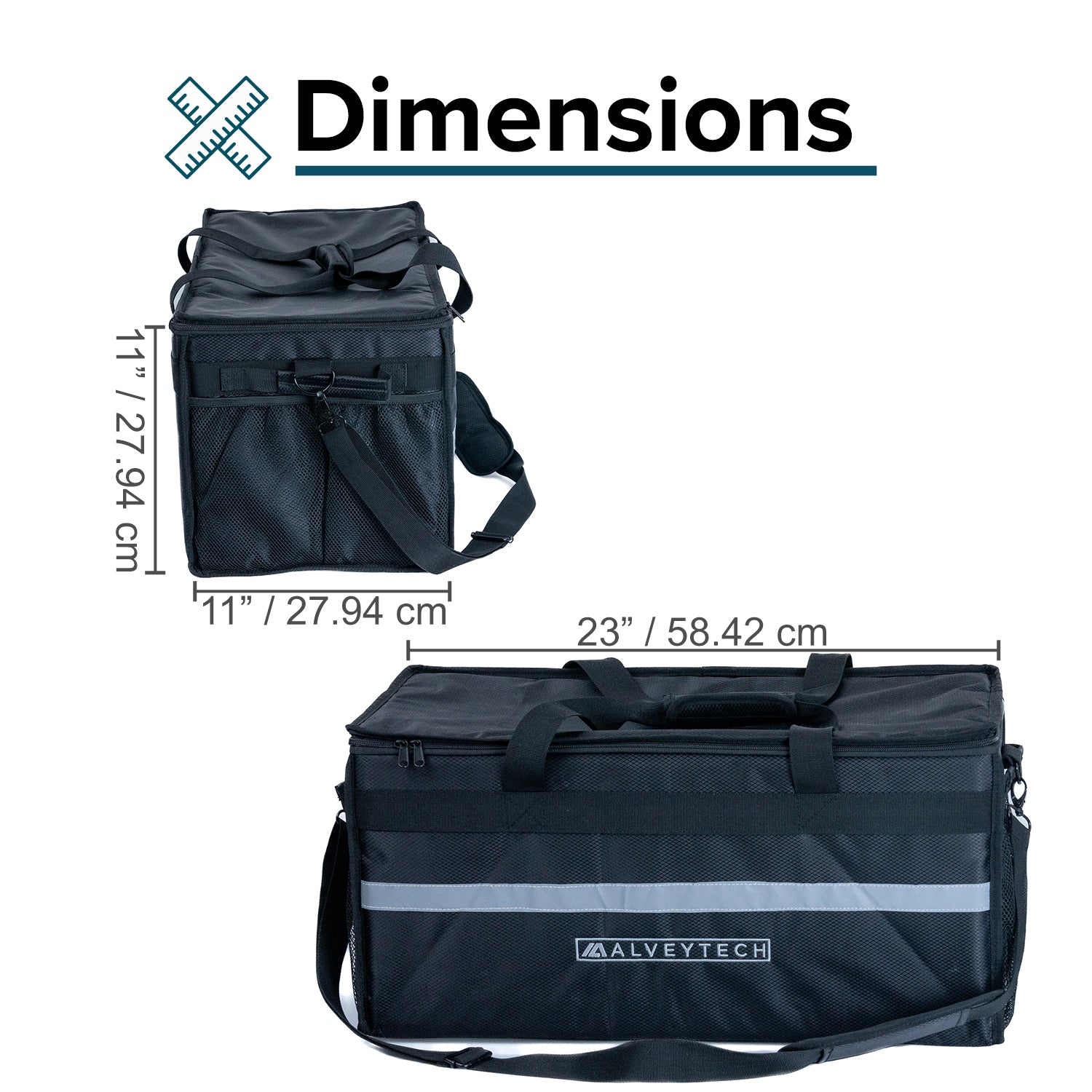 Rear Cargo Rack Insulated Bag for the Coleman KT196 Go-Kart, black with reflective safety tape, sturdy ripstop nylon, steel zippers, carrying strap, and webbing straps for secure attachment to cargo racks.
