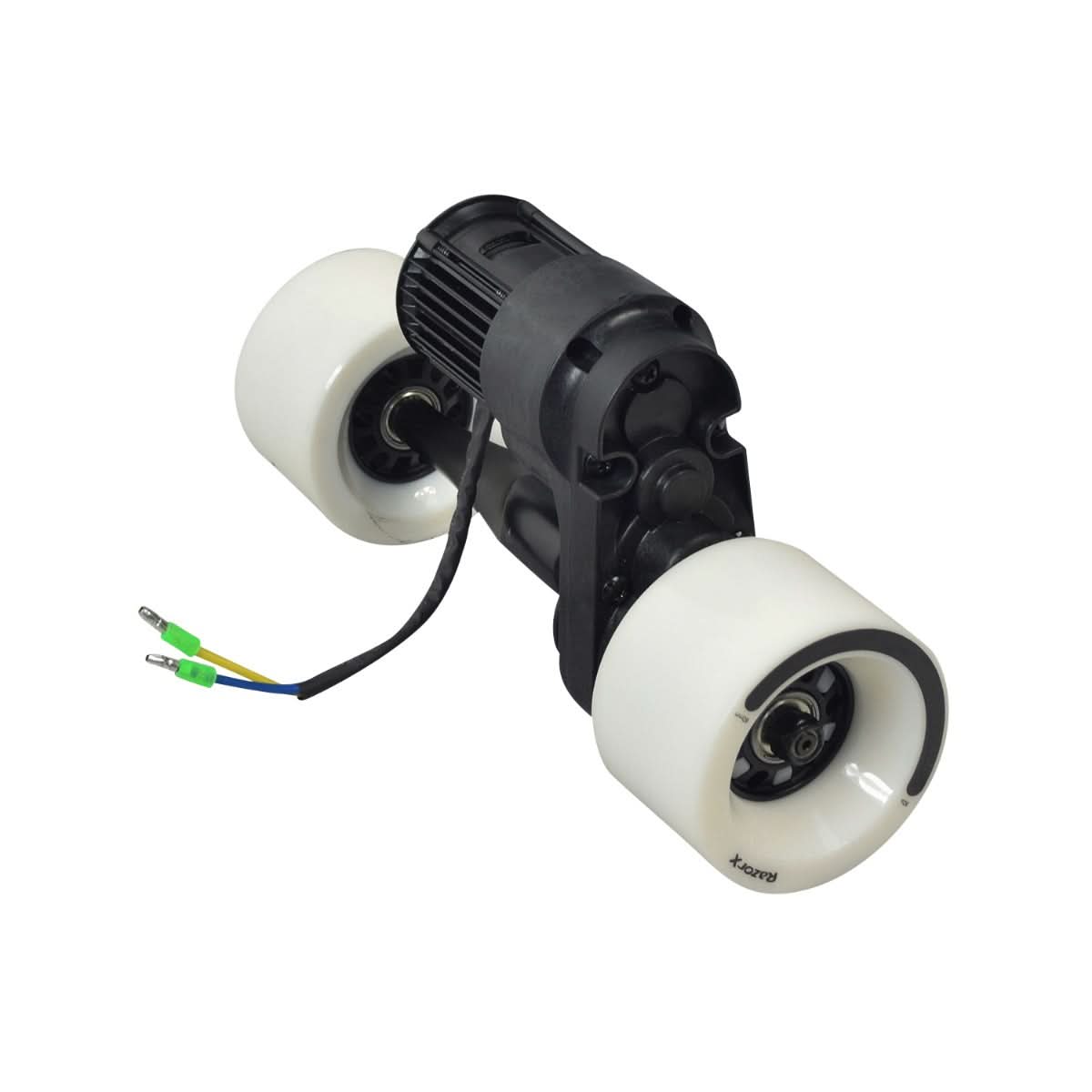 22 Volt 150 Watt Rear Motor, Truck, and Gearbox assembly for RazorX Electric Skateboard, featuring white nylon wheels, black motor, and sturdy axle truck.