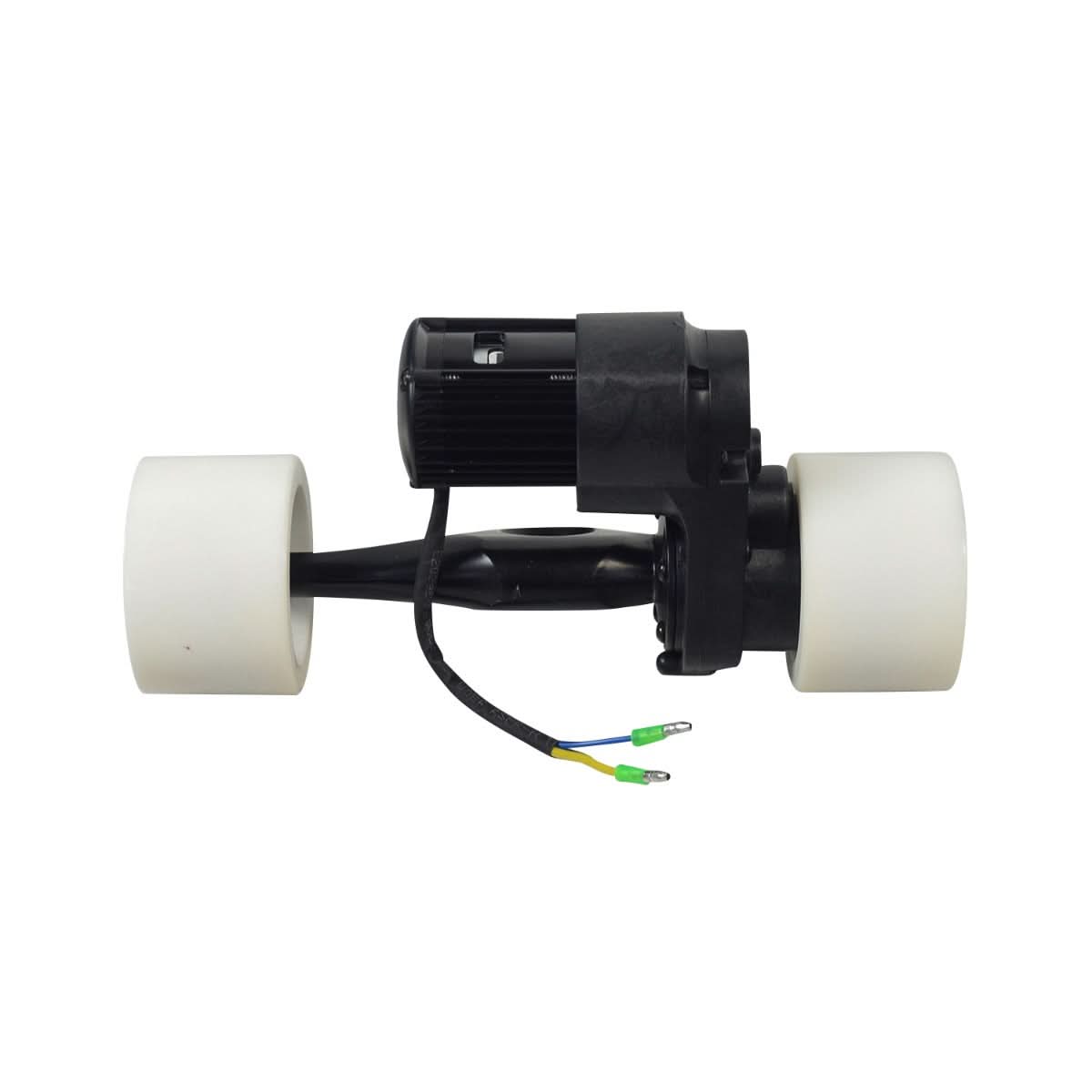 22 Volt 150 Watt Rear Motor, Truck, and Gearbox assembly for the RazorX Electric Skateboard, featuring a black electric motor, white nylon wheels, and a sturdy axle truck with pre-installed bearings.