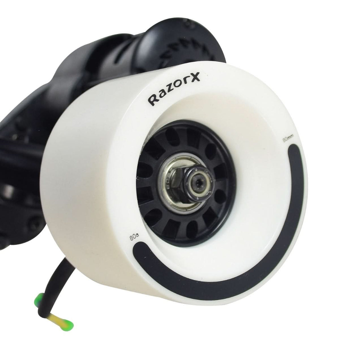 22 Volt 150 Watt Rear Motor, Truck, and Gearbox assembly for RazorX Electric Skateboard featuring a white wheel with a black rim and visible gears.