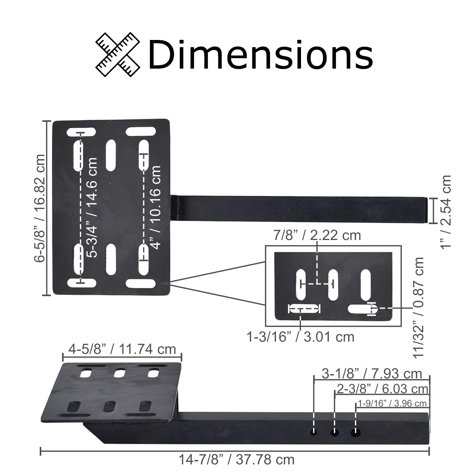 Universal Mobility Scooter Trunk Mounting Bracket (Rear Hitch Mount) featuring a black metal bracket with multiple adjustment holes and a milled steel platform for attaching various trunks, baskets, or cases.