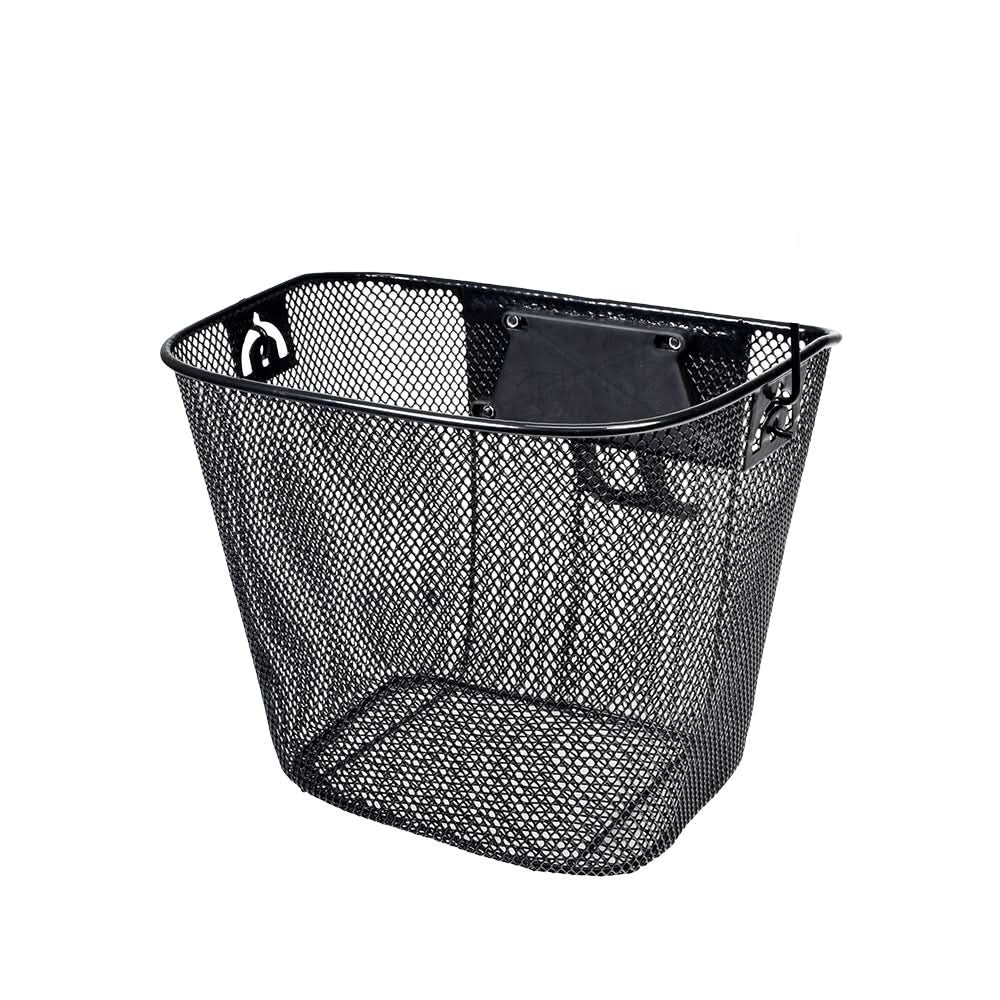 Universal Wire Basket with Quick-Release Mounting Hardware for Bicycles & Scooters, featuring a black mesh design with a handle, suitable for handlebars, providing secure and convenient storage for various items.