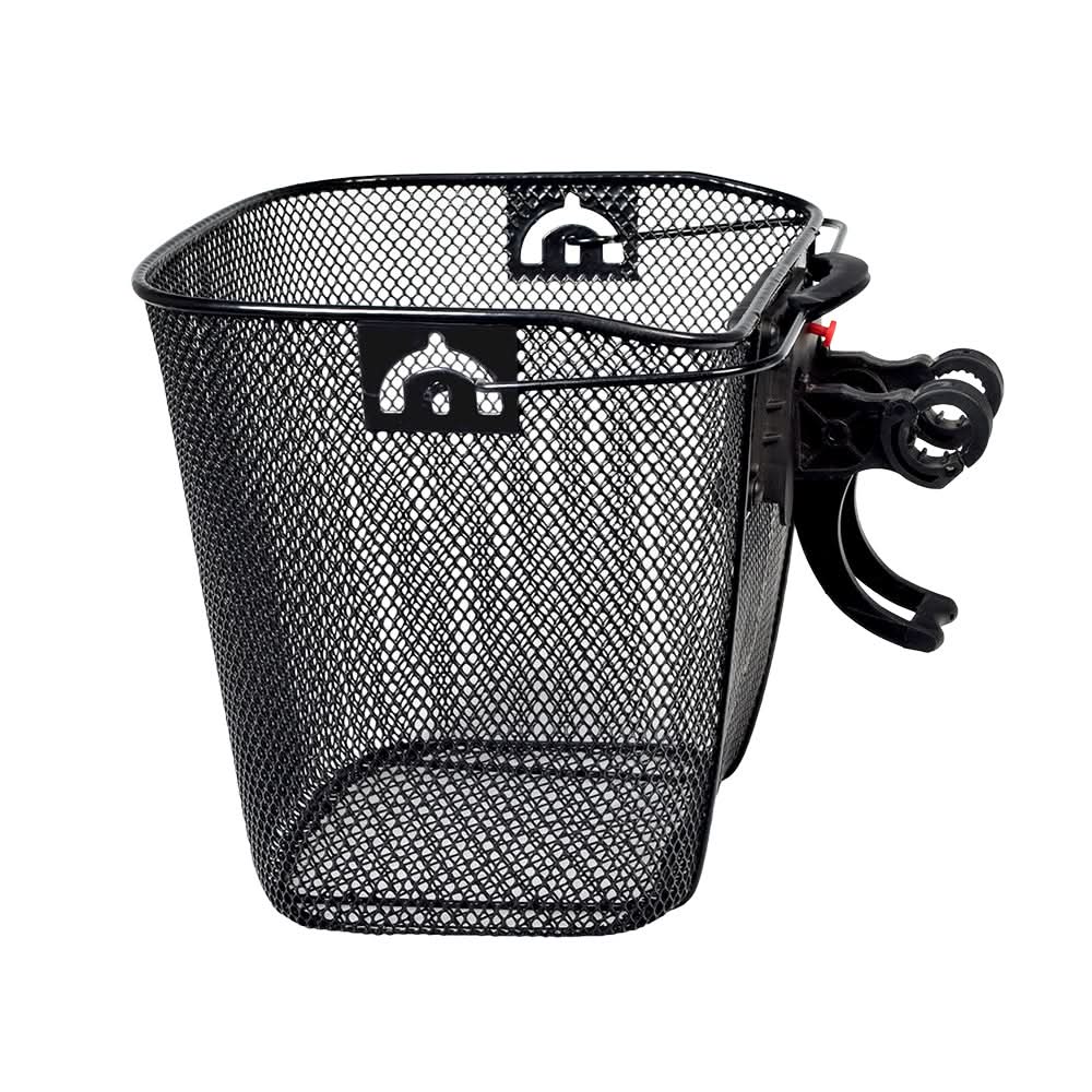 Universal Wire Basket with Quick-Release Mounting Hardware for Bicycles & Scooters, featuring a black mesh-wire design, handle, and adjustable brace for secure attachment to standard 1-inch diameter handlebars.