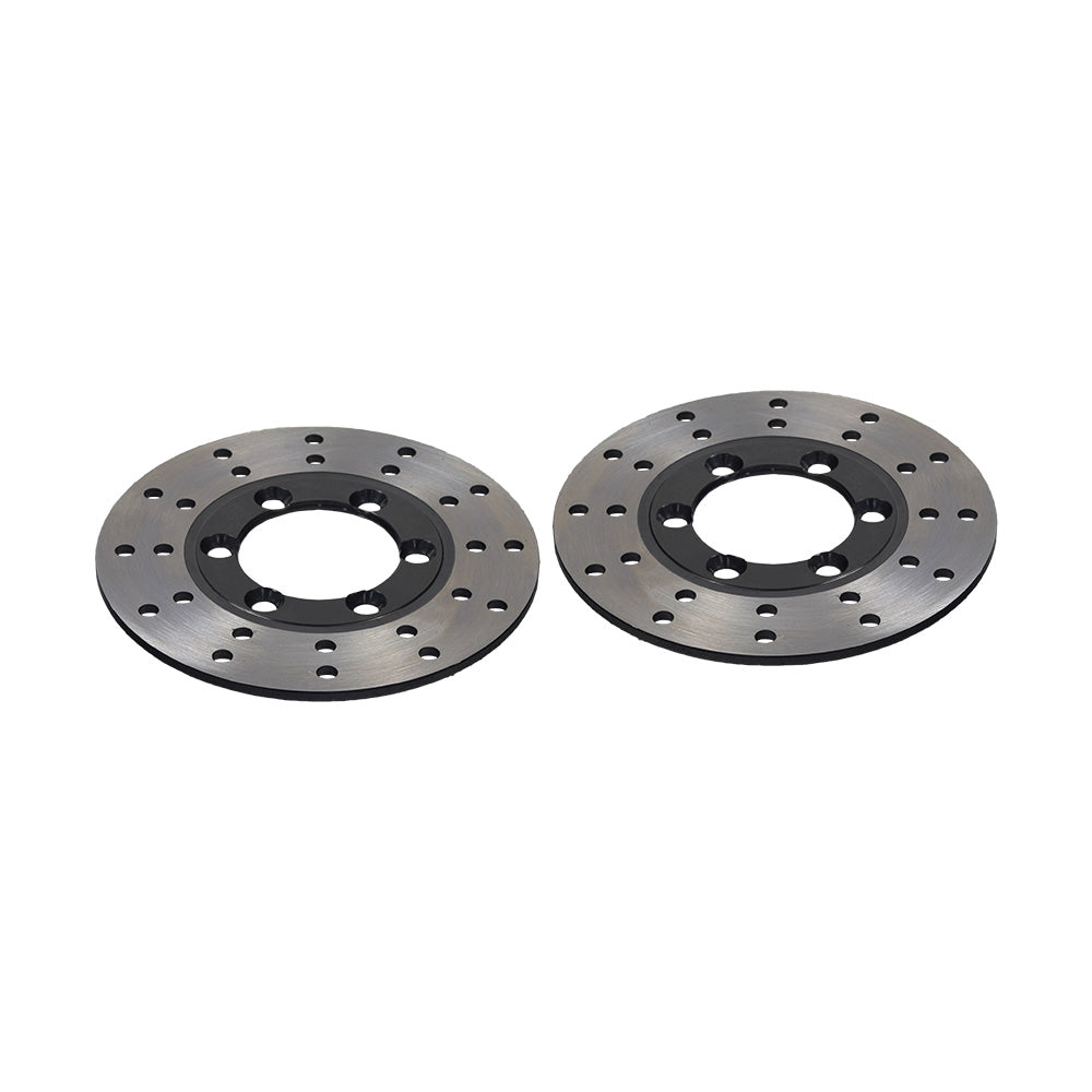 Close-up of two circular metal brake discs from the Brake Kit with Master Cylinder, Calipers, & Hoses for Go-Karts (Missing Parts).