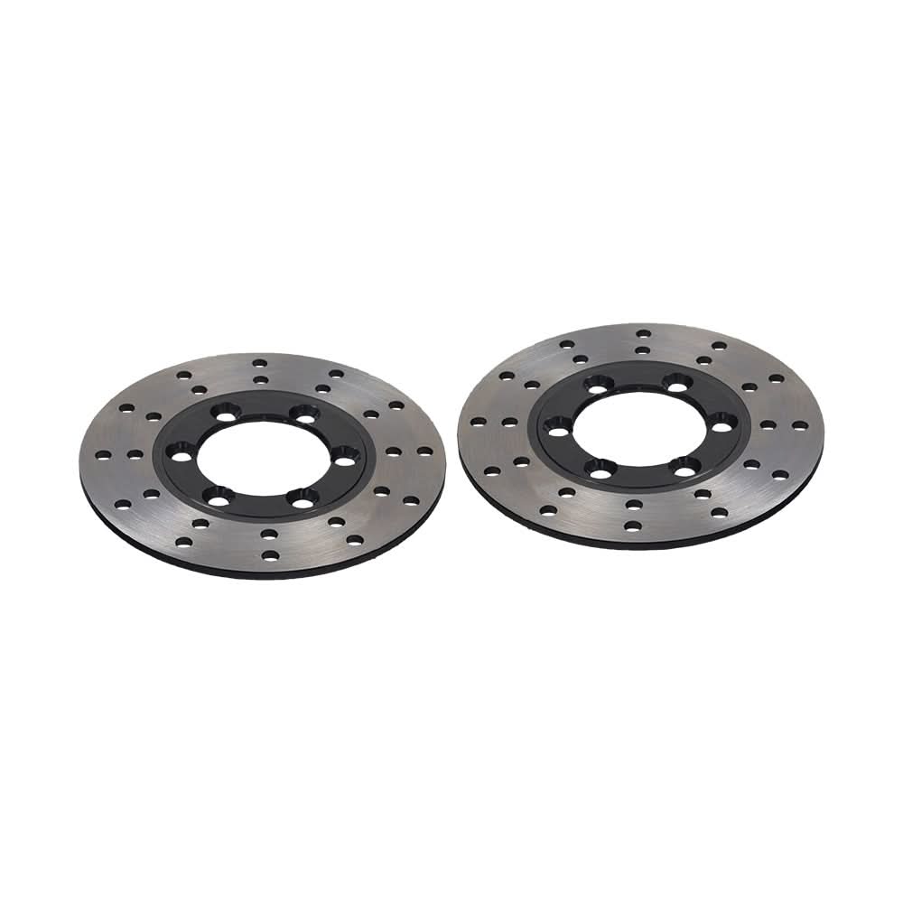 Close-up of two circular metal brake discs from the Brake Kit with Master Cylinder, Calipers, & Hoses for Go-Karts (Missing Parts).