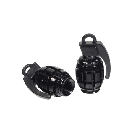 Grenade Valve Stem Cap Set (Set of 2) featuring a close-up of a black, knurled-textured grenade-shaped cap, designed to fit Schrader valves on bikes or scooters for added personal flair.
