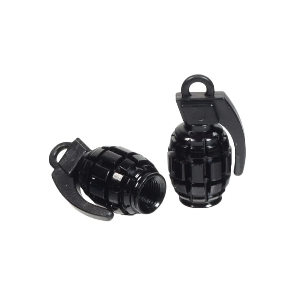 Grenade Valve Stem Cap Set (Set of 2) featuring a close-up of a black, knurled-textured grenade-shaped cap, designed to fit Schrader valves on bikes or scooters for added personal flair.