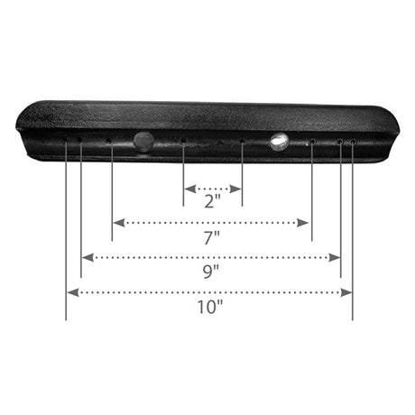 13 Full Length Urethane Armrest Pad (Set of 2) shown with a black rectangular shape, metal surface close-up, and measurements, highlighting eight mounting holes suitable for power chairs and wheelchairs.